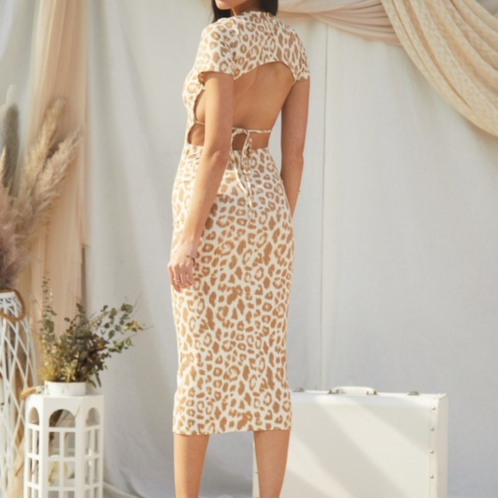 Open Back Leopard Print Midi Dress